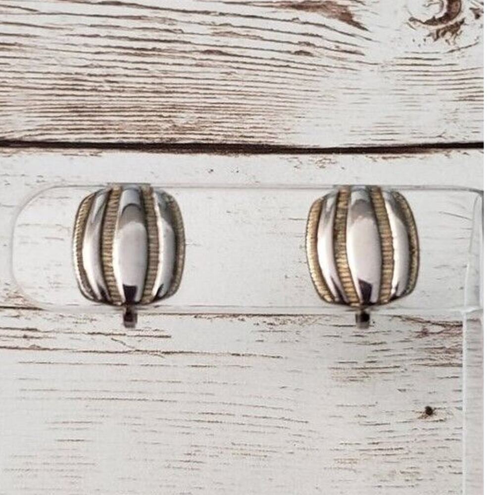 Vintage Clip On Earrings - 5/8" Silver Tone with Lines - Some Tarnish